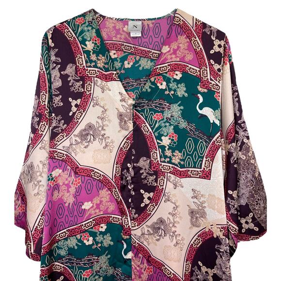 Natori Asian Floral Long Zip Caftan Robe Medium Satin Poly Purple Lounge Hostess - Picture 3 of 7